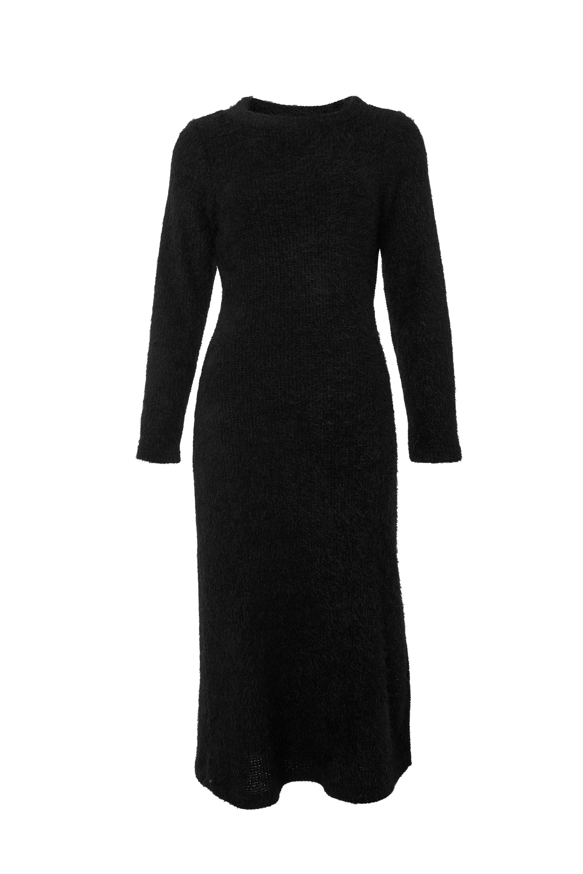 Guila Eyelash Rib Long Sleeve Midi Dress – Black - Bascora