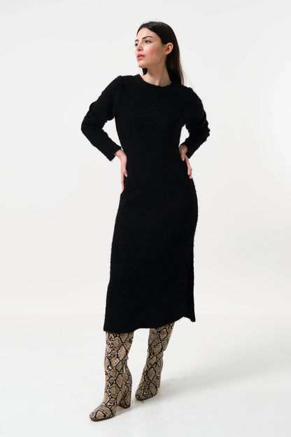 Guila Eyelash Rib Long Sleeve Midi Dress – Black - Bascora