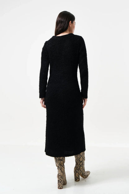 Guila Eyelash Rib Long Sleeve Midi Dress – Black - Bascora