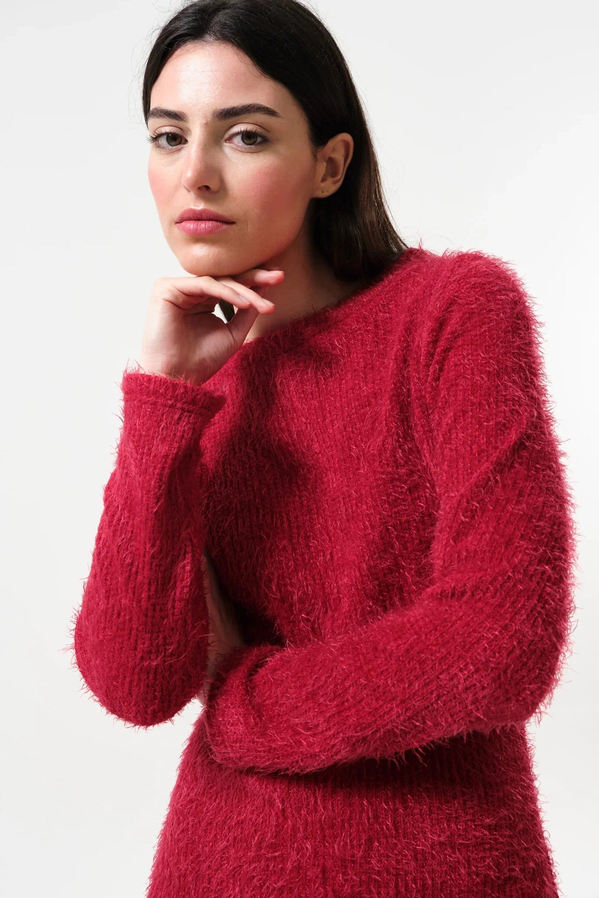 Guila Eyelash Rib Long Sleeve Midi Dress – Red - Bascora