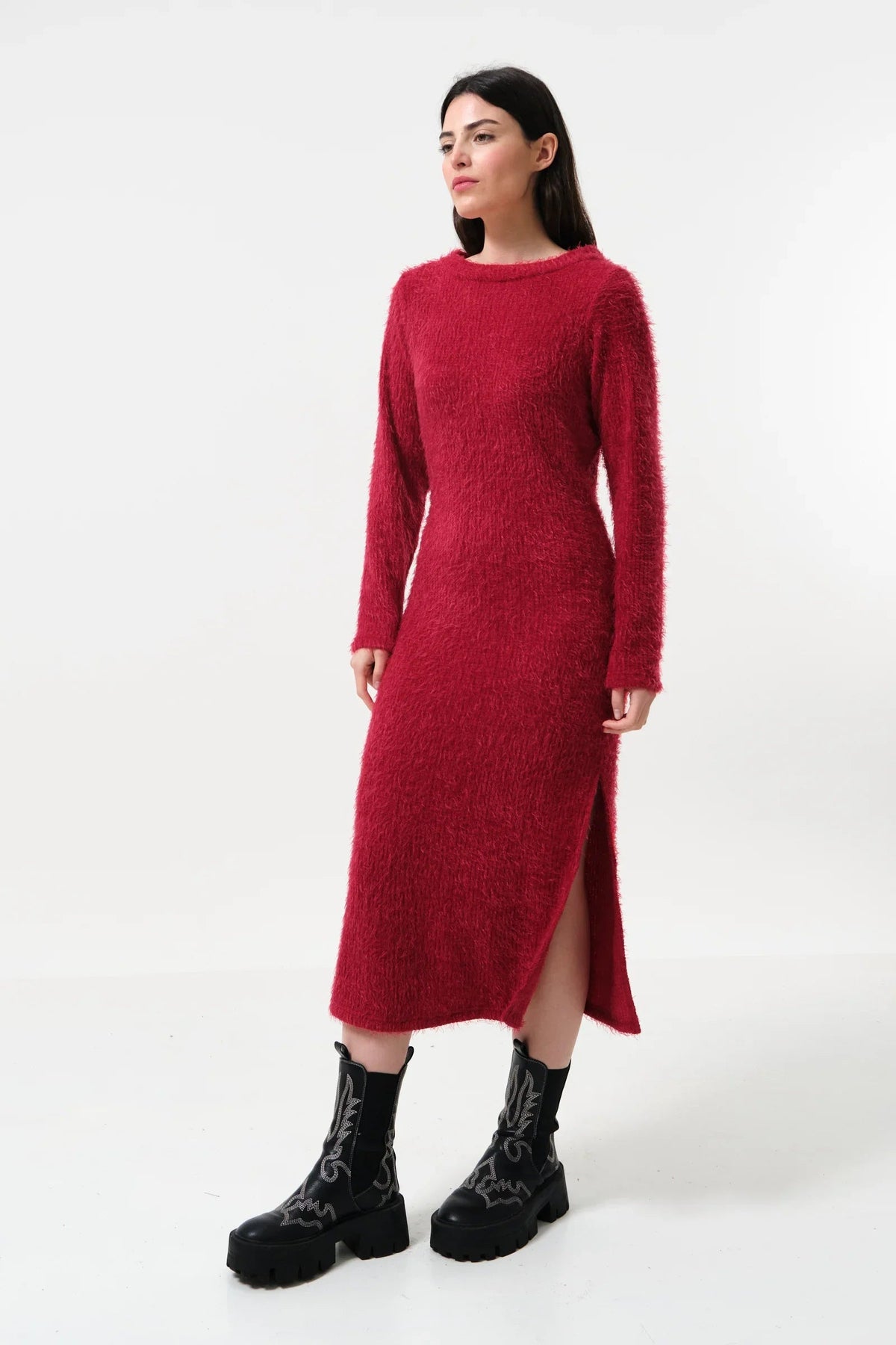Guila Eyelash Rib Long Sleeve Midi Dress – Red - Bascora