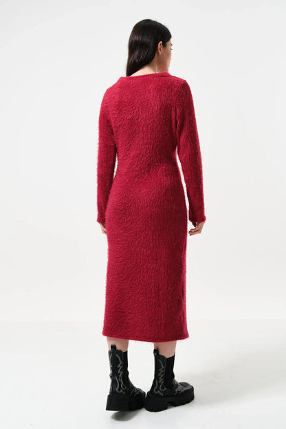 Guila Eyelash Rib Long Sleeve Midi Dress – Red - Bascora