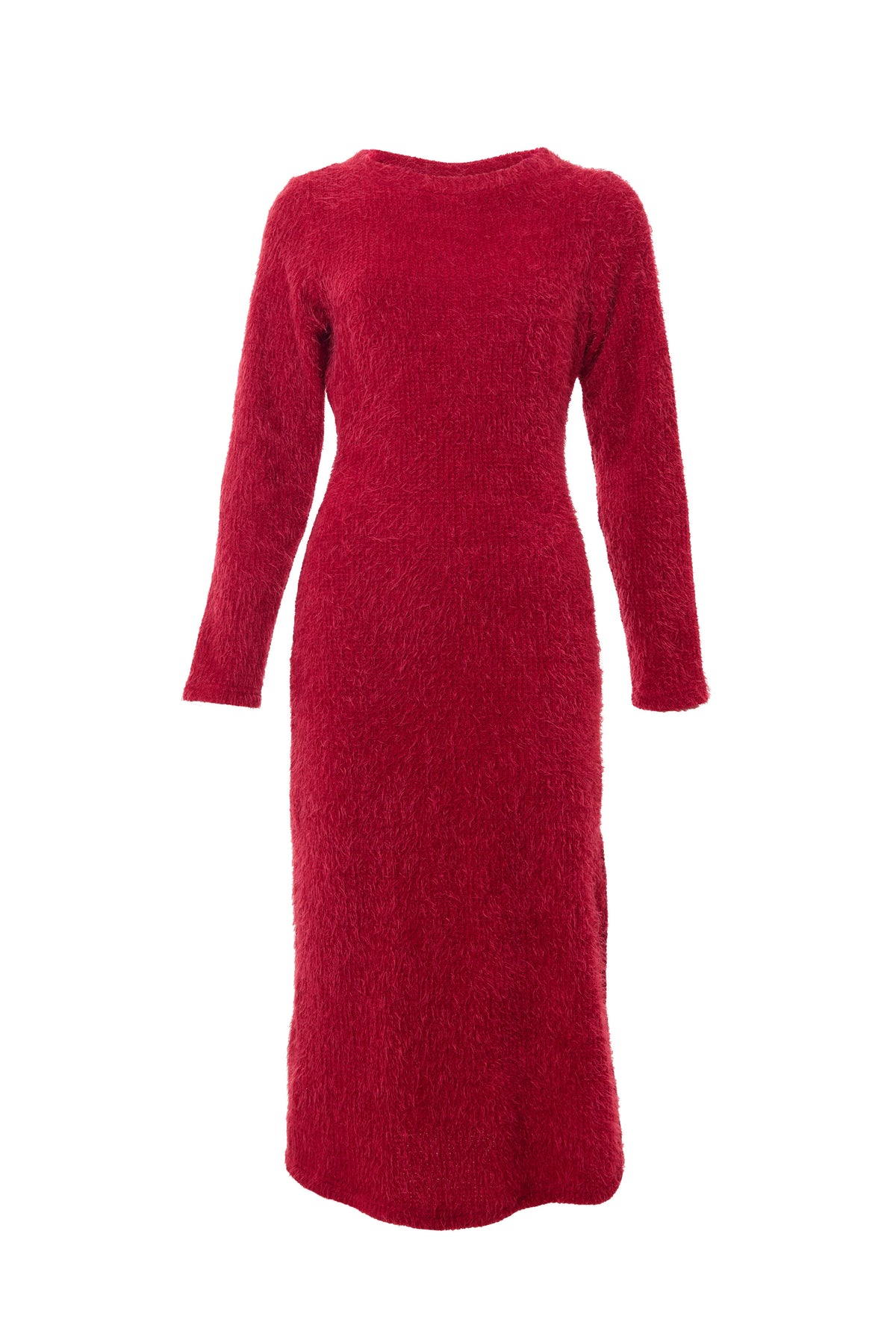 Guila Eyelash Rib Long Sleeve Midi Dress – Red - Bascora