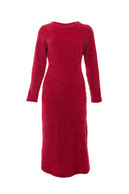 Guila Eyelash Rib Long Sleeve Midi Dress – Red - Bascora