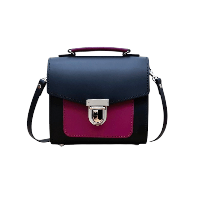 Handmade Leather Two Tone Sugarcube Handbag – Black & Magenta - Bascora
