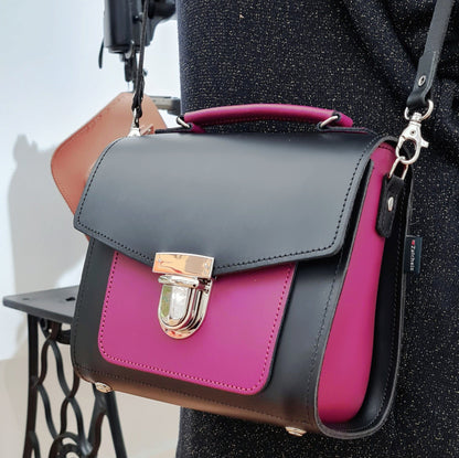 Handmade Leather Two Tone Sugarcube Handbag – Black & Magenta - Bascora