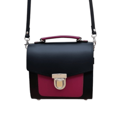 Handmade Leather Two Tone Sugarcube Handbag – Black & Magenta - Bascora