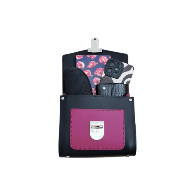 Handmade Leather Two Tone Sugarcube Handbag – Black & Magenta - Bascora