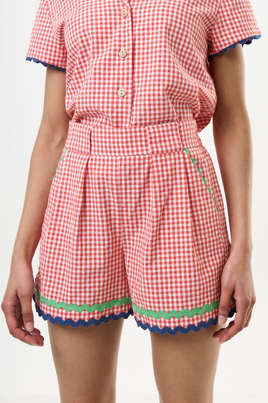 Hilton Gingham Ric Rac Trim Shorts - Red - Bascora