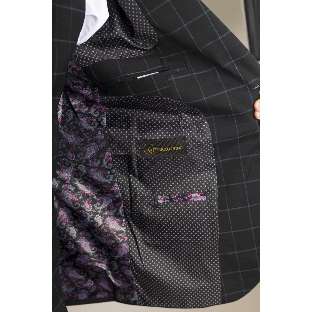 Men's Black Checked Tailored Fit 3 Piece Suit