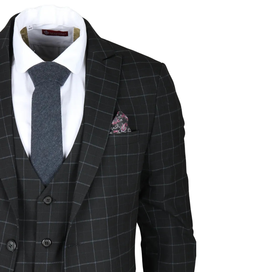 Men's Black Checked Tailored Fit 3 Piece Suit