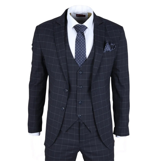 Men's Navy Checked Tailored Fit 3 Piece Suit