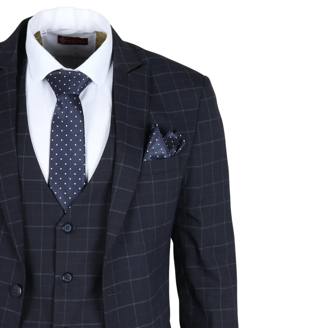 Men's Navy Checked Tailored Fit 3 Piece Suit