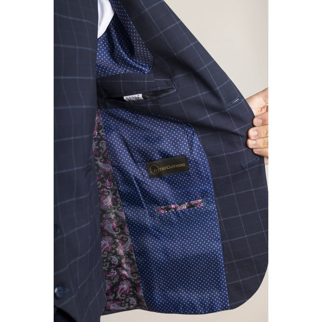 Men's Navy Checked Tailored Fit 3 Piece Suit