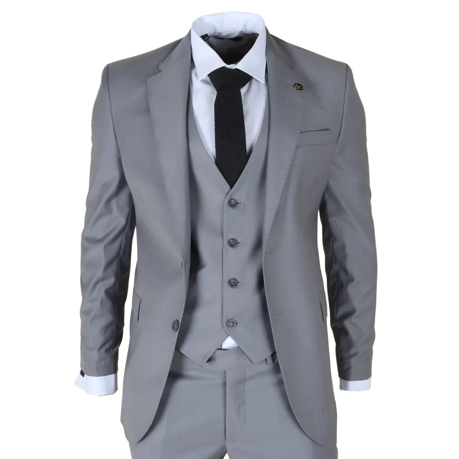 Traje formal gris de 3 piezas con solapa cosida para hombre