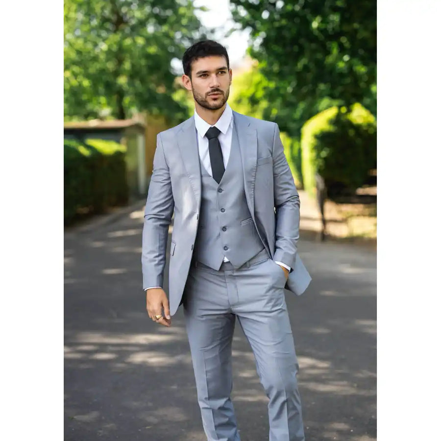 Traje formal gris de 3 piezas con solapa cosida para hombre