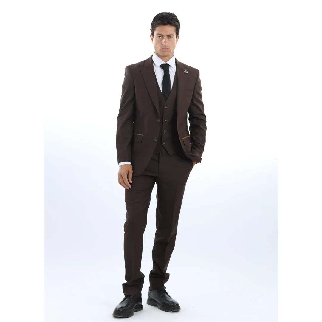 Men's Plain Dark Brown 3 Piece Suit