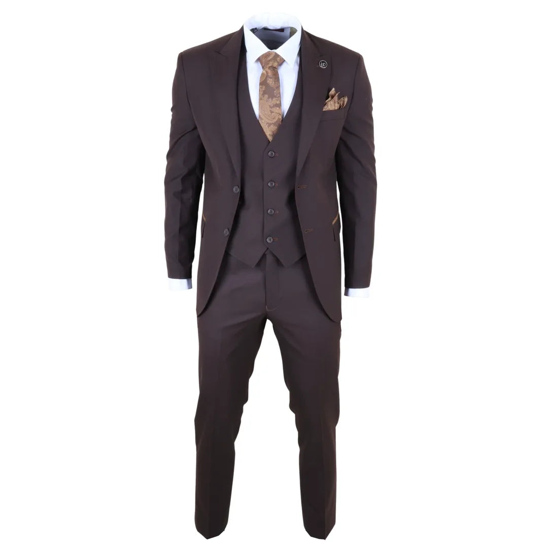 Men's Plain Dark Brown 3 Piece Suit