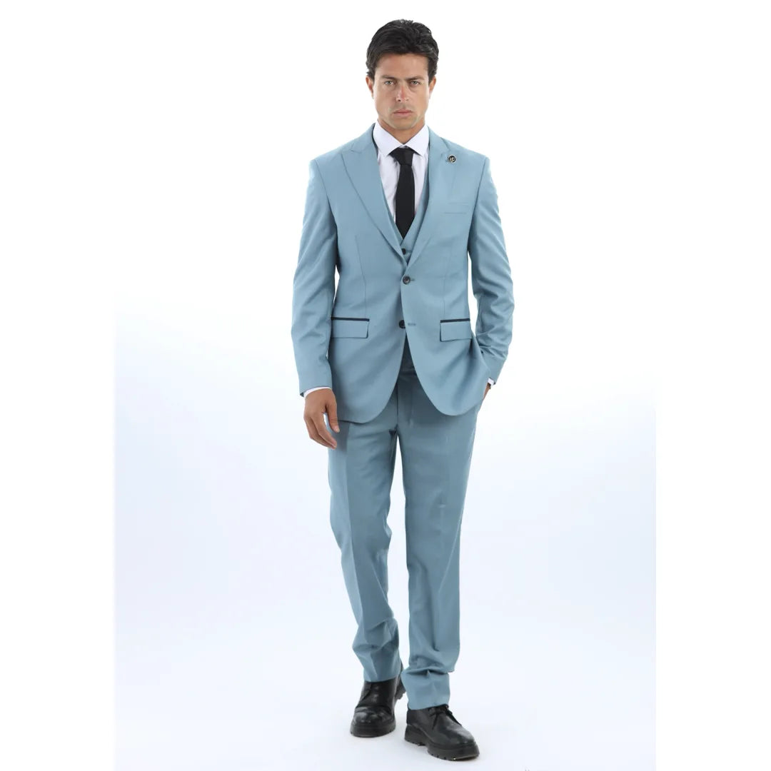 Men's Plain Turquoise Blue 3 Piece Suit
