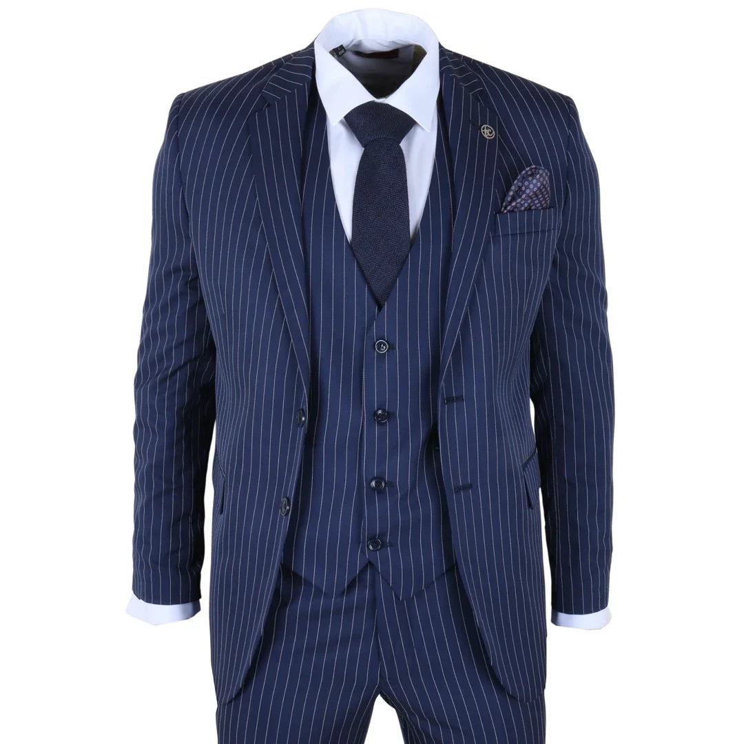 Men's Classic Pinstripe 3 Piece Navy Blue Suit by TruClothing