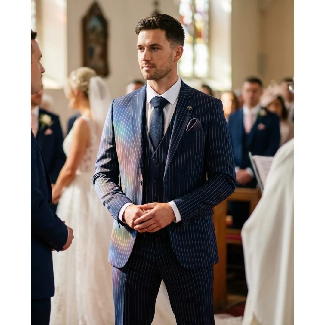 Men's Classic Pinstripe 3 Piece Navy Blue Suit by TruClothing