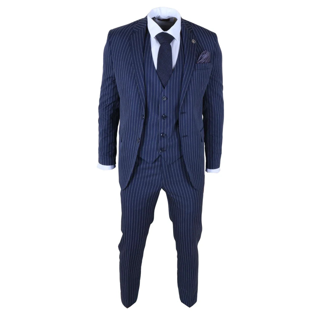 Men's Classic Pinstripe 3 Piece Navy Blue Suit by TruClothing
