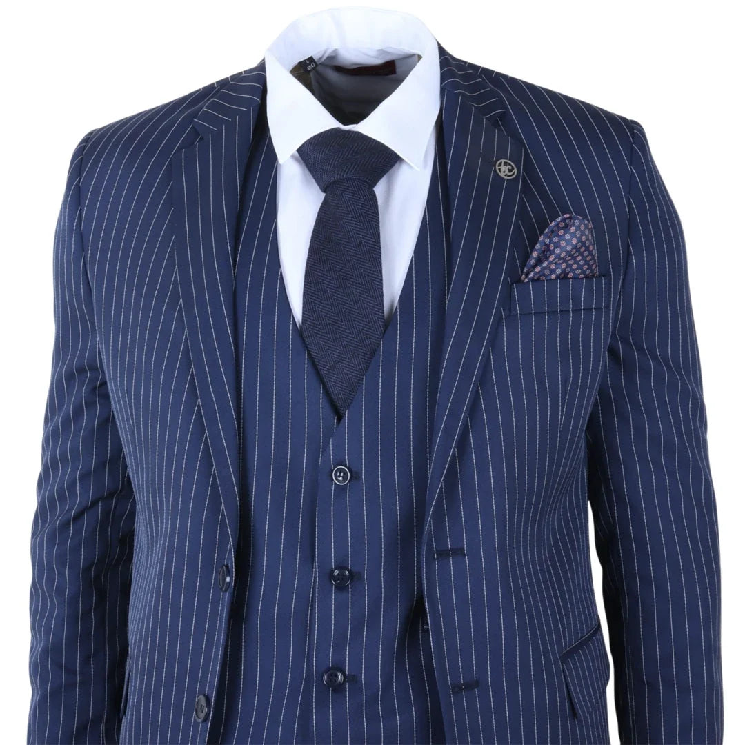 Men's Classic Pinstripe 3 Piece Navy Blue Suit by TruClothing