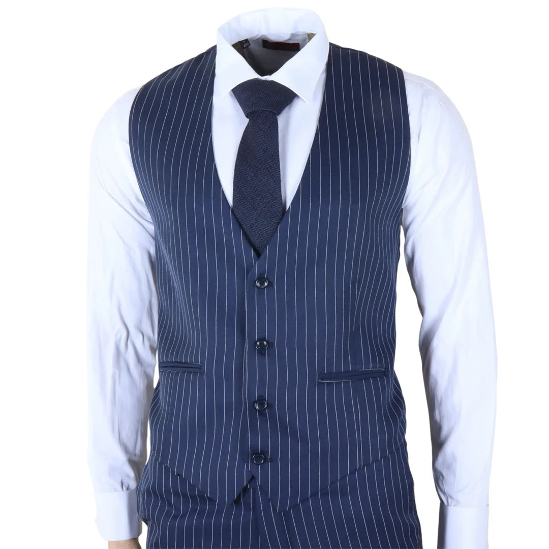 Men's Classic Pinstripe 3 Piece Navy Blue Suit by TruClothing