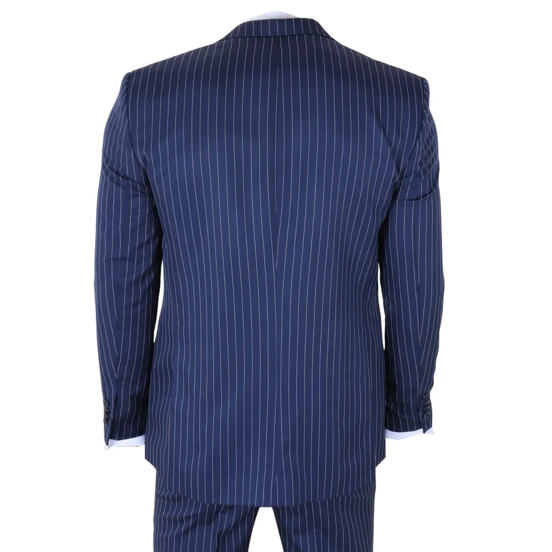 Men's Classic Pinstripe 3 Piece Navy Blue Suit by TruClothing