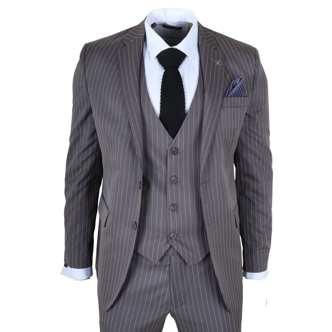 Men's Classic Pinstripe 3 Piece Grey Tailored Suit by TruClothing