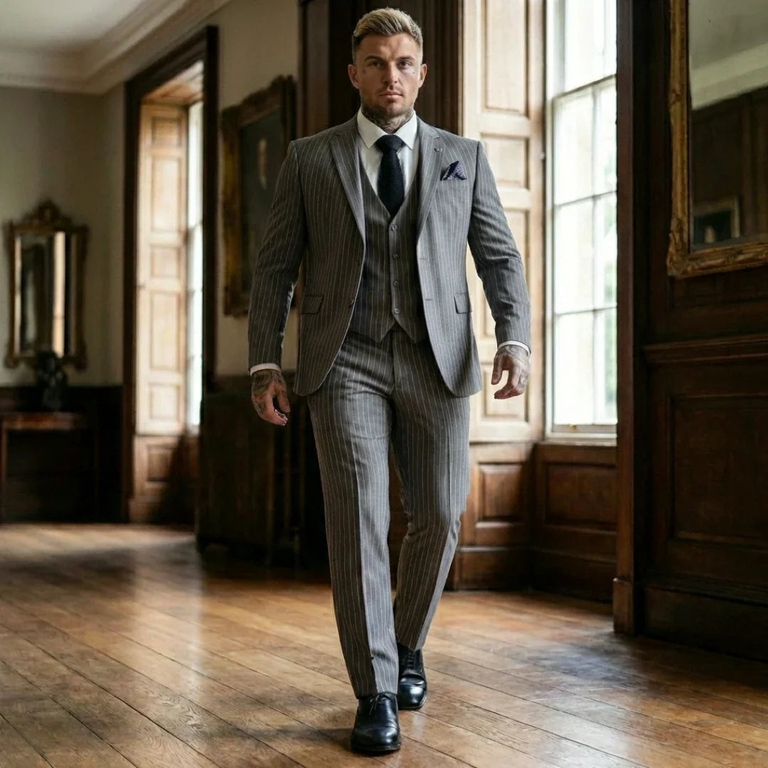 Men's Classic Pinstripe 3 Piece Grey Tailored Suit by TruClothing