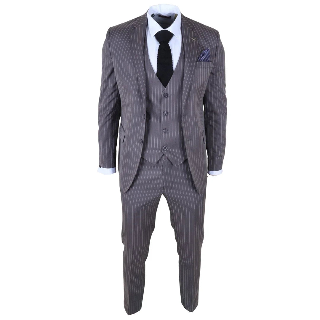 Men's Classic Pinstripe 3 Piece Grey Tailored Suit by TruClothing