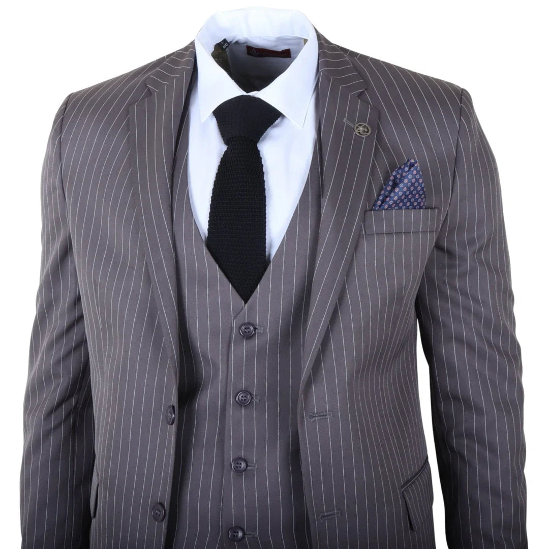 Men's Classic Pinstripe 3 Piece Grey Tailored Suit by TruClothing