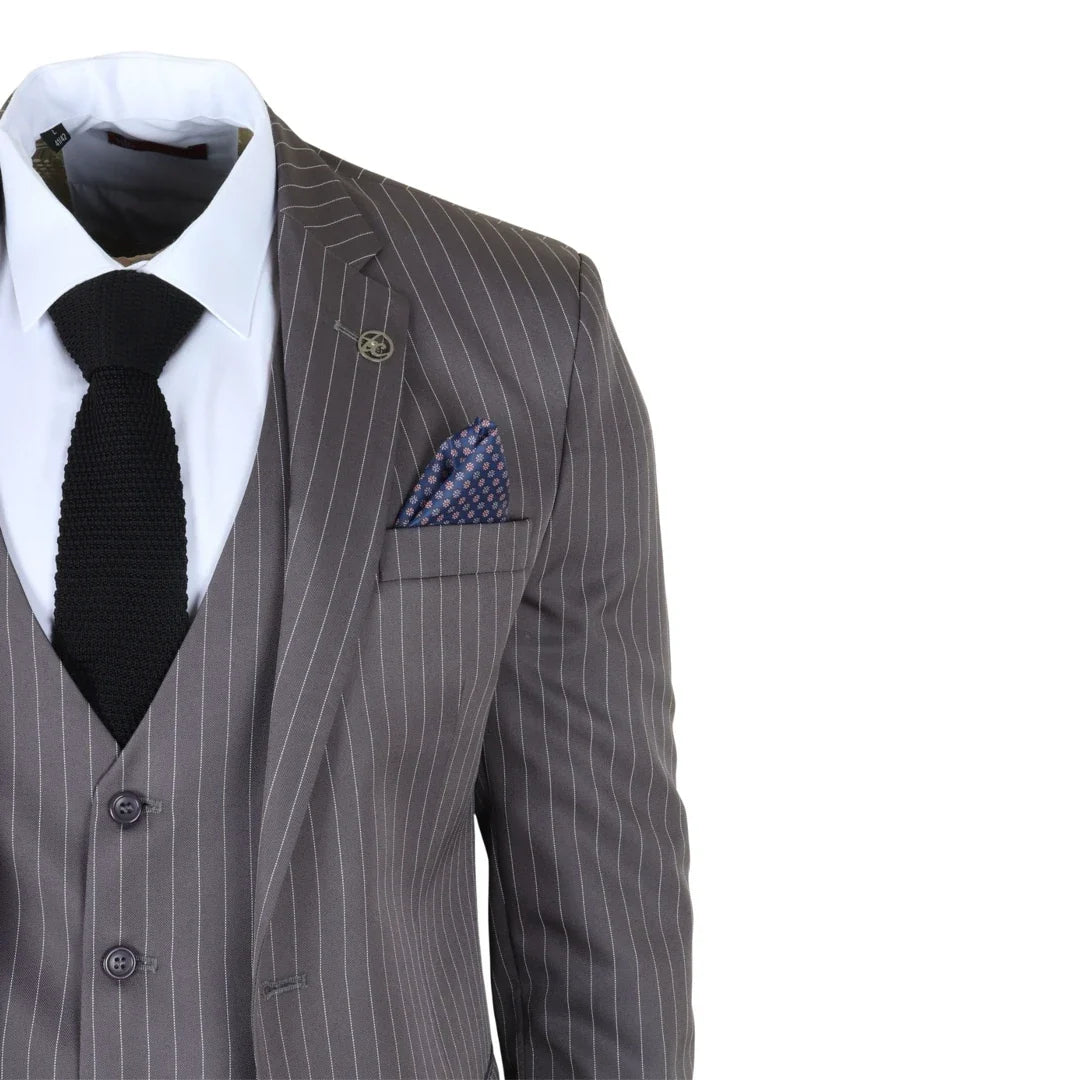 Men's Classic Pinstripe 3 Piece Grey Tailored Suit by TruClothing