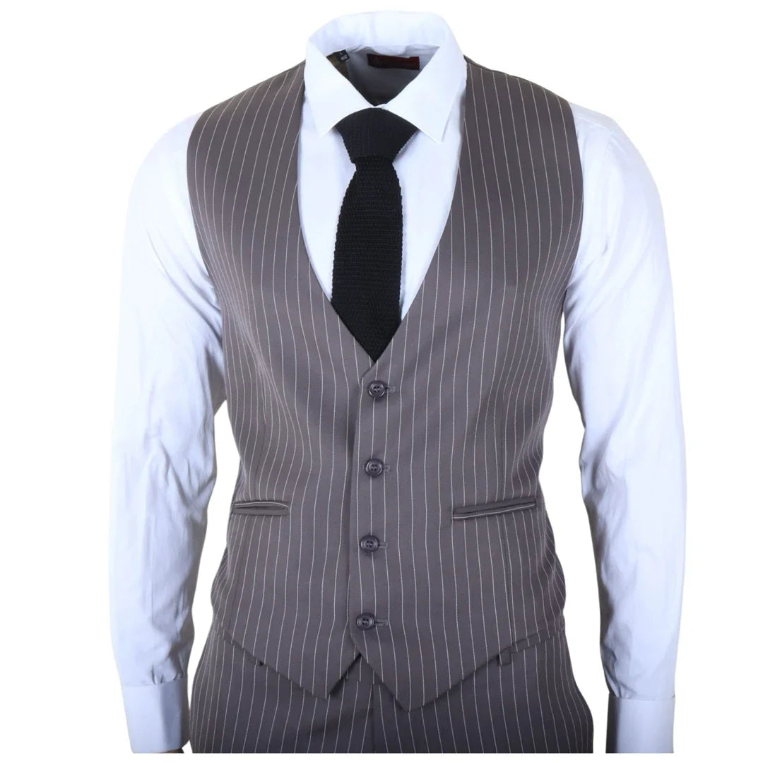 Men's Classic Pinstripe 3 Piece Grey Tailored Suit by TruClothing