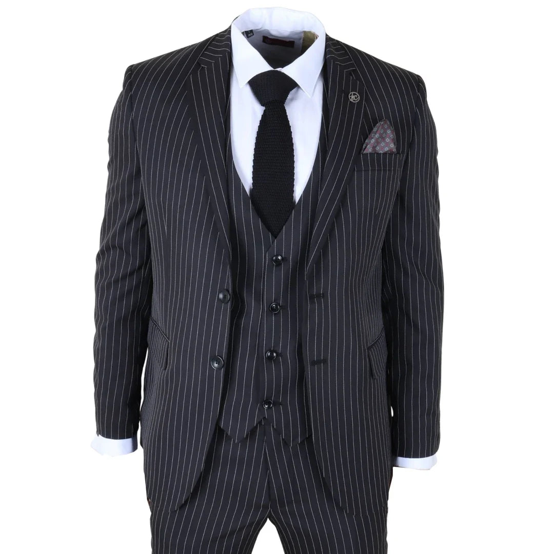 Men's Classic Pinstripe 3 Piece Black Tailored Suit by TruClothing