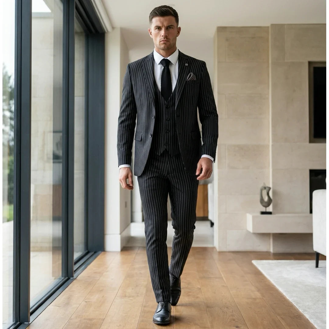 Men's Classic Pinstripe 3 Piece Black Tailored Suit by TruClothing