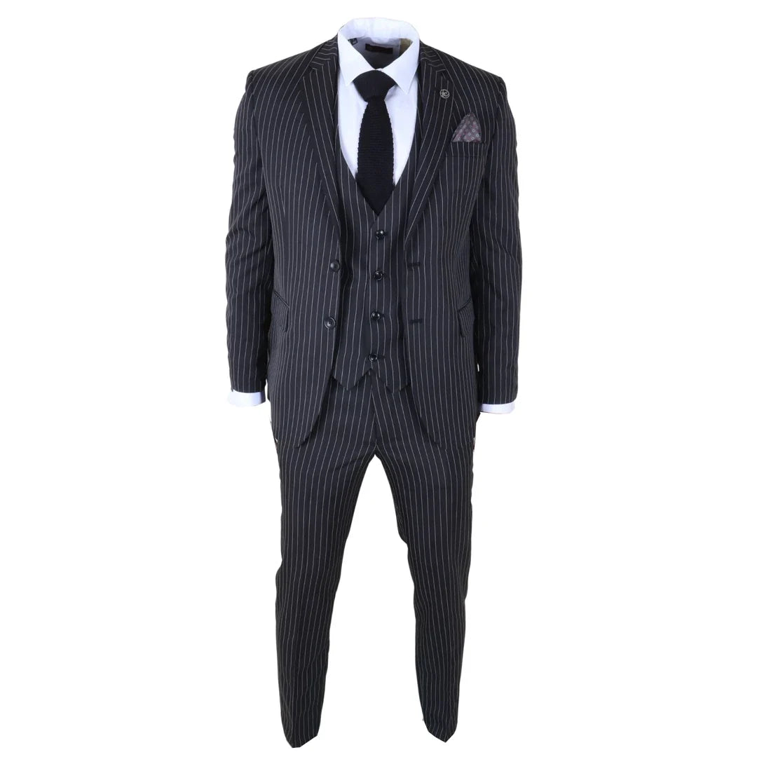 Men's Classic Pinstripe 3 Piece Black Tailored Suit by TruClothing