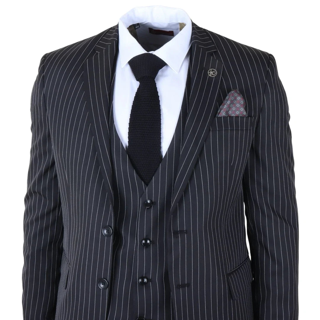 Men's Classic Pinstripe 3 Piece Black Tailored Suit by TruClothing