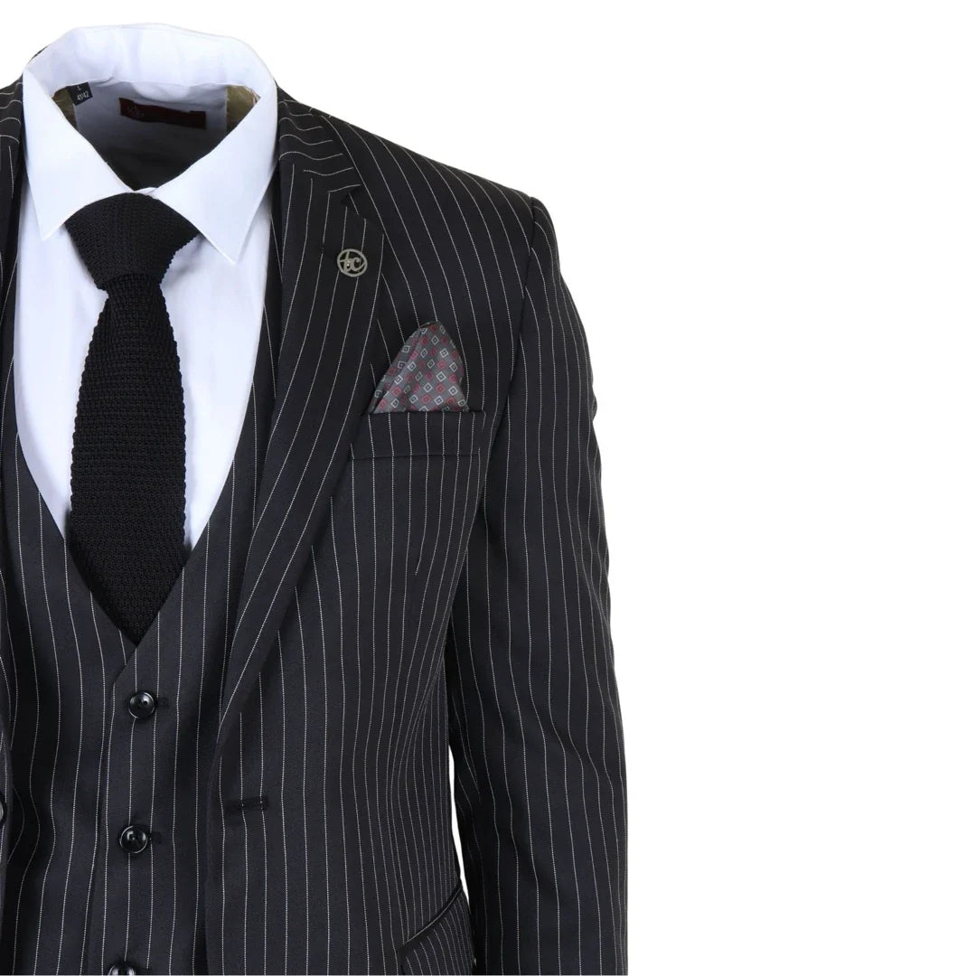 Men's Classic Pinstripe 3 Piece Black Tailored Suit by TruClothing