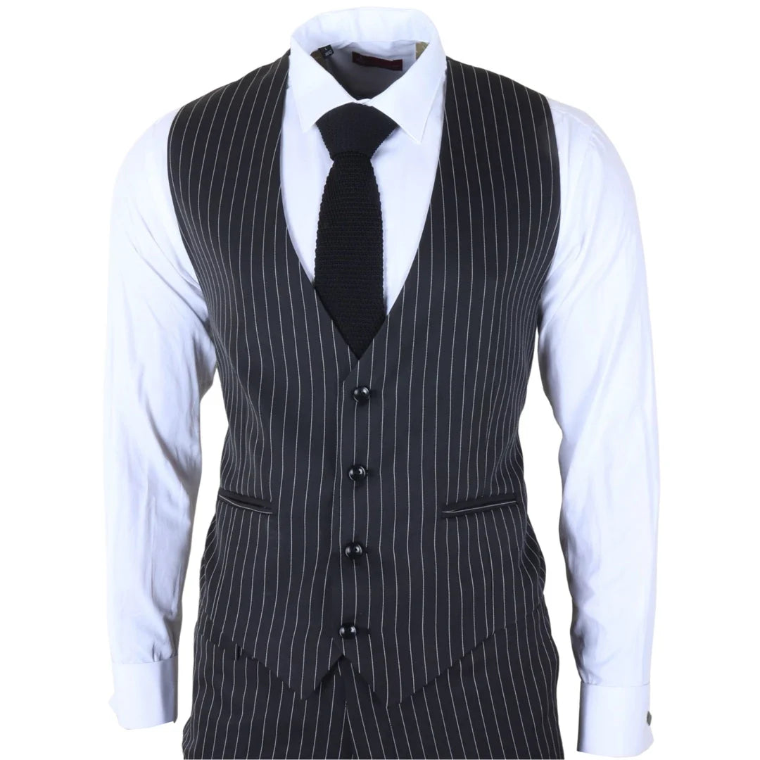 Men's Classic Pinstripe 3 Piece Black Tailored Suit by TruClothing