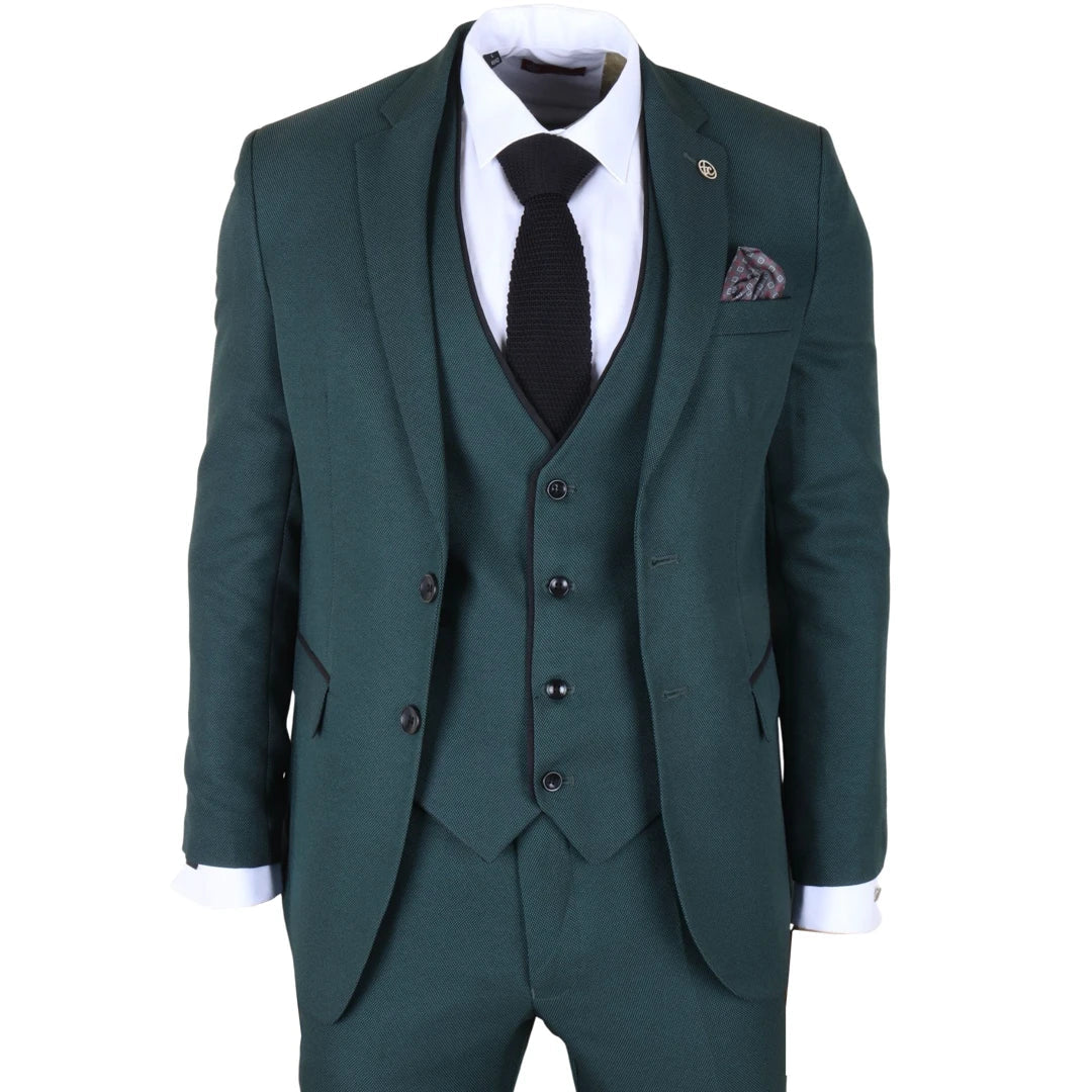 Men's 3 Piece Green Tailored Fit Suit with Black Trim by TruClothing