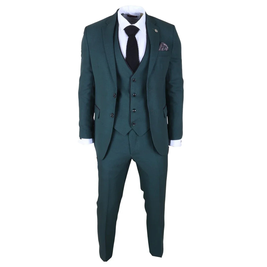 Men's 3 Piece Green Tailored Fit Suit with Black Trim by TruClothing