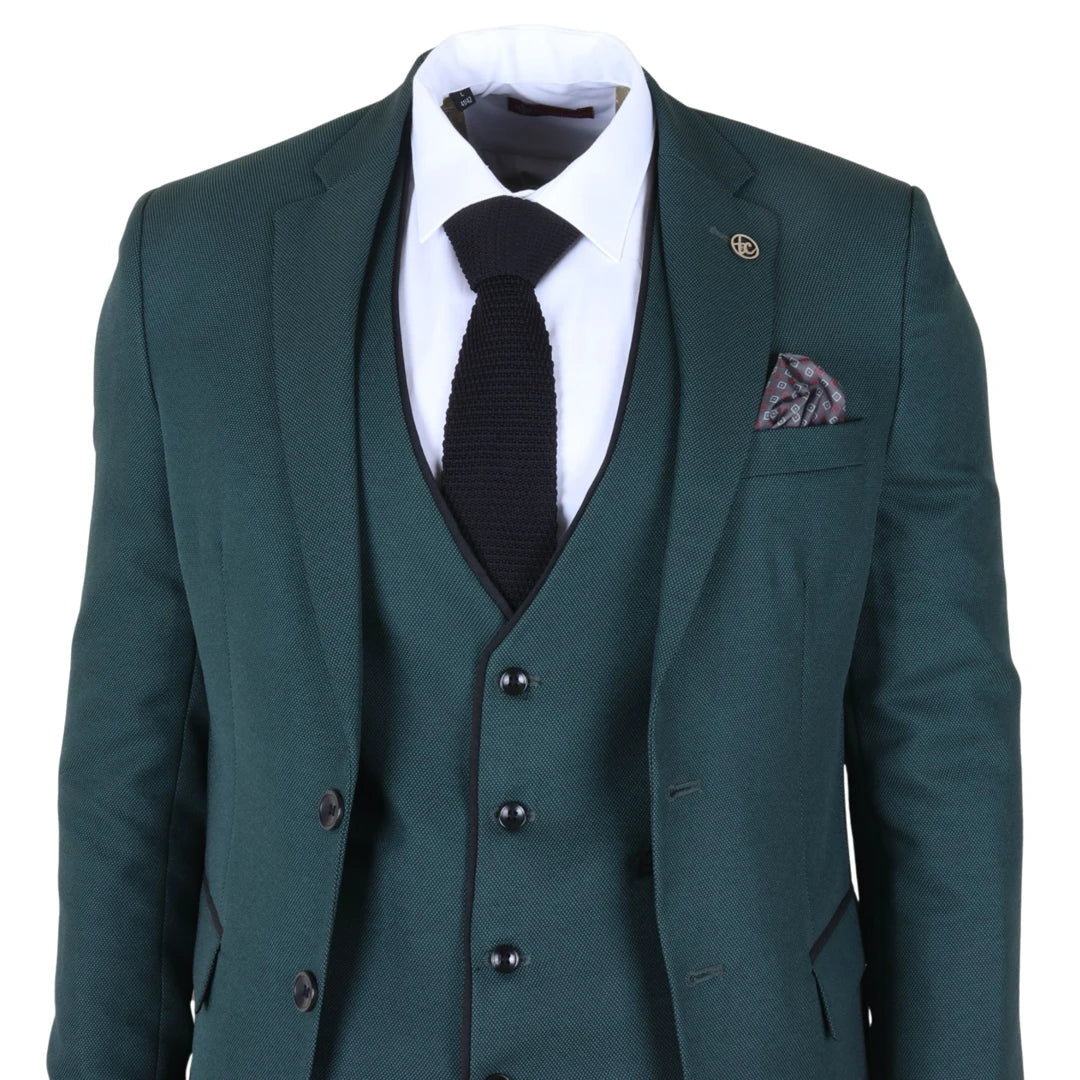 Men's 3 Piece Green Tailored Fit Suit with Black Trim by TruClothing