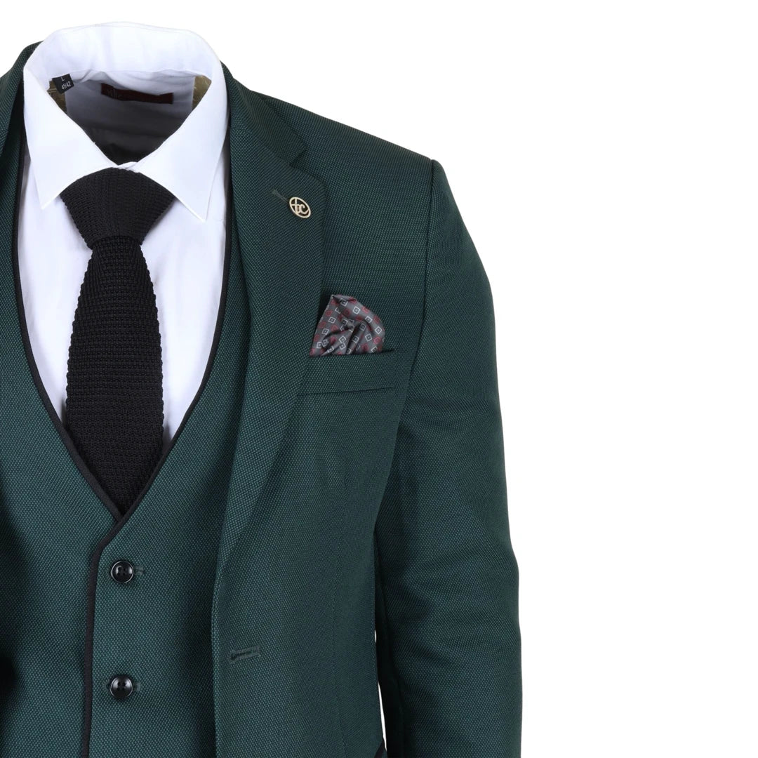 Men's 3 Piece Green Tailored Fit Suit with Black Trim by TruClothing