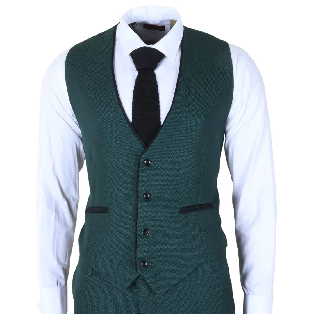 Men's 3 Piece Green Tailored Fit Suit with Black Trim by TruClothing