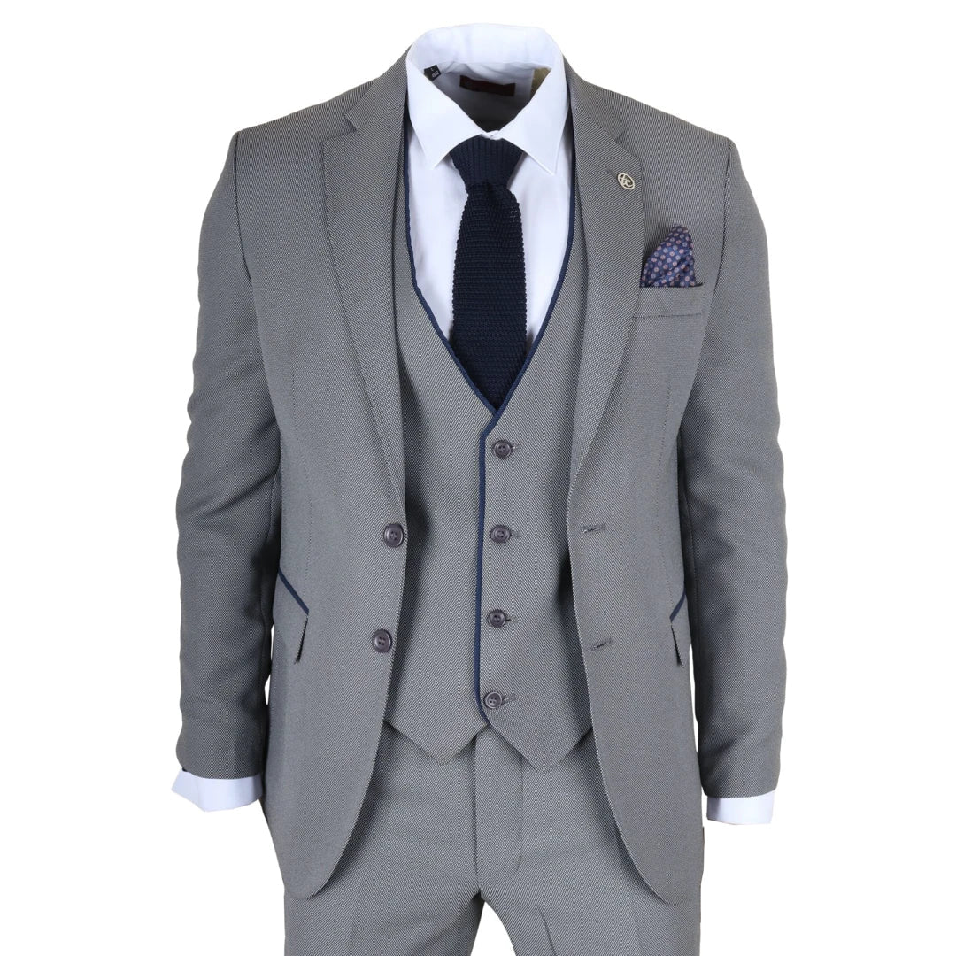 Men's 3 Piece Grey Tailored Fit Suit with Blue Trim by TruClothing