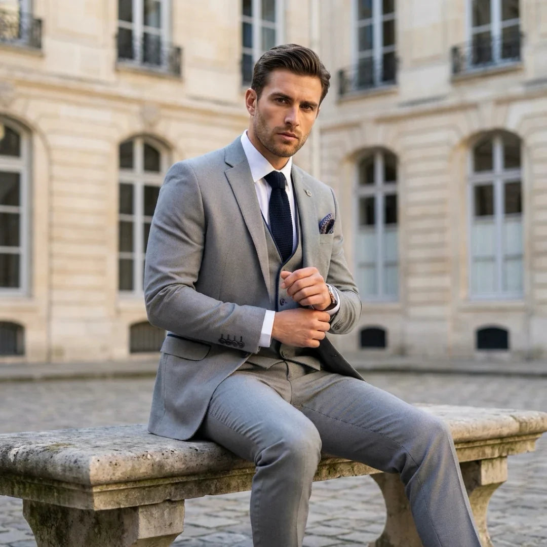 Men's 3 Piece Grey Tailored Fit Suit with Blue Trim by TruClothing