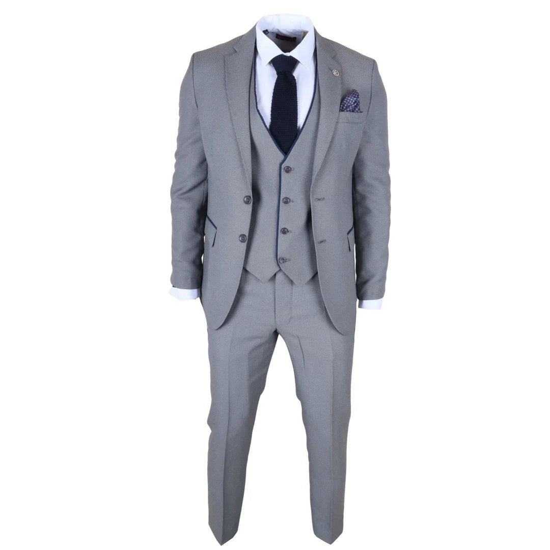Men's 3 Piece Grey Tailored Fit Suit with Blue Trim by TruClothing