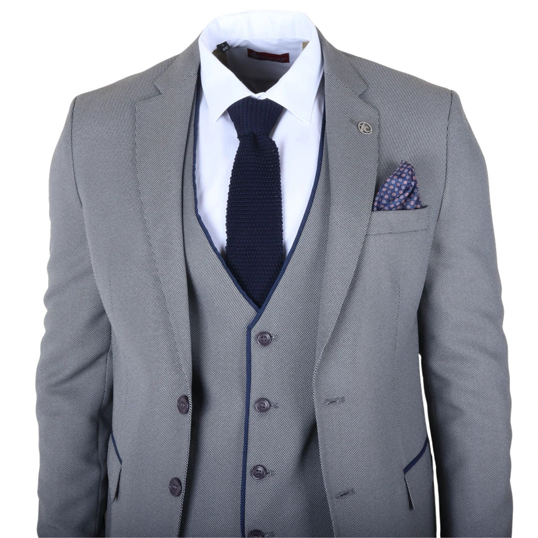 Men's 3 Piece Grey Tailored Fit Suit with Blue Trim by TruClothing